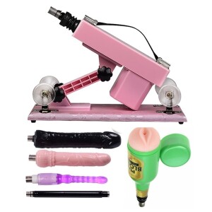 Weibliche Masturbations-Sexmaschine mit vielen Dildo-Zubehörteilen in Pink